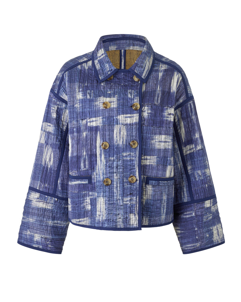 Wiggy Kit | Quilted Double-Breasted Jacket | Product image of reversible blue and white patterned jacket