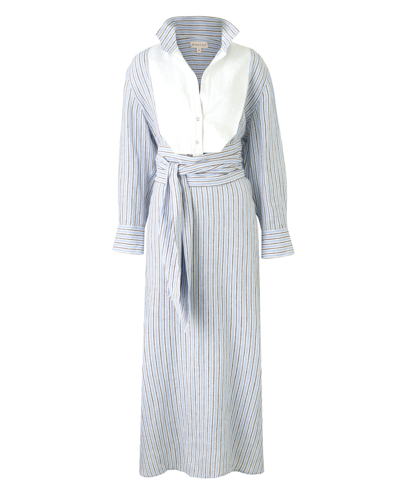 Wiggy Kit | Floating Bib Dress | Product image of long stripe blue maxi dress with long sleeves and big collar