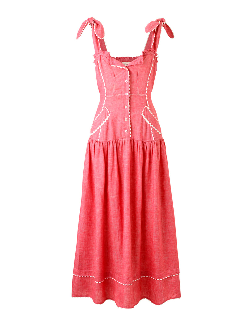 Wiggy Kit | Eden Dress (Pink) | Product image of midi length pink dress with white trims