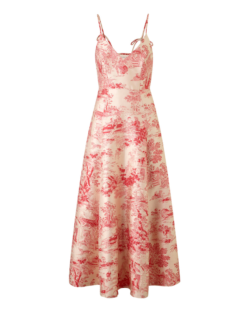 Wiggy Kit | Ekberg Dress (Toile De Jouy) | Product image of red and cream pattern occasion dress on white background