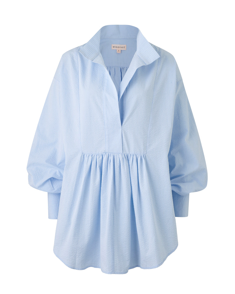 Wiggy Kit | Topper Shirt (Blue Seersucker) | Product image of oversized light blue shirt