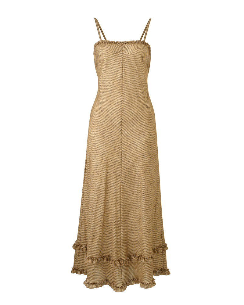 Wiggy Kit | Silk Bias Slip Dress | Product image of brown slip dress with stripe print