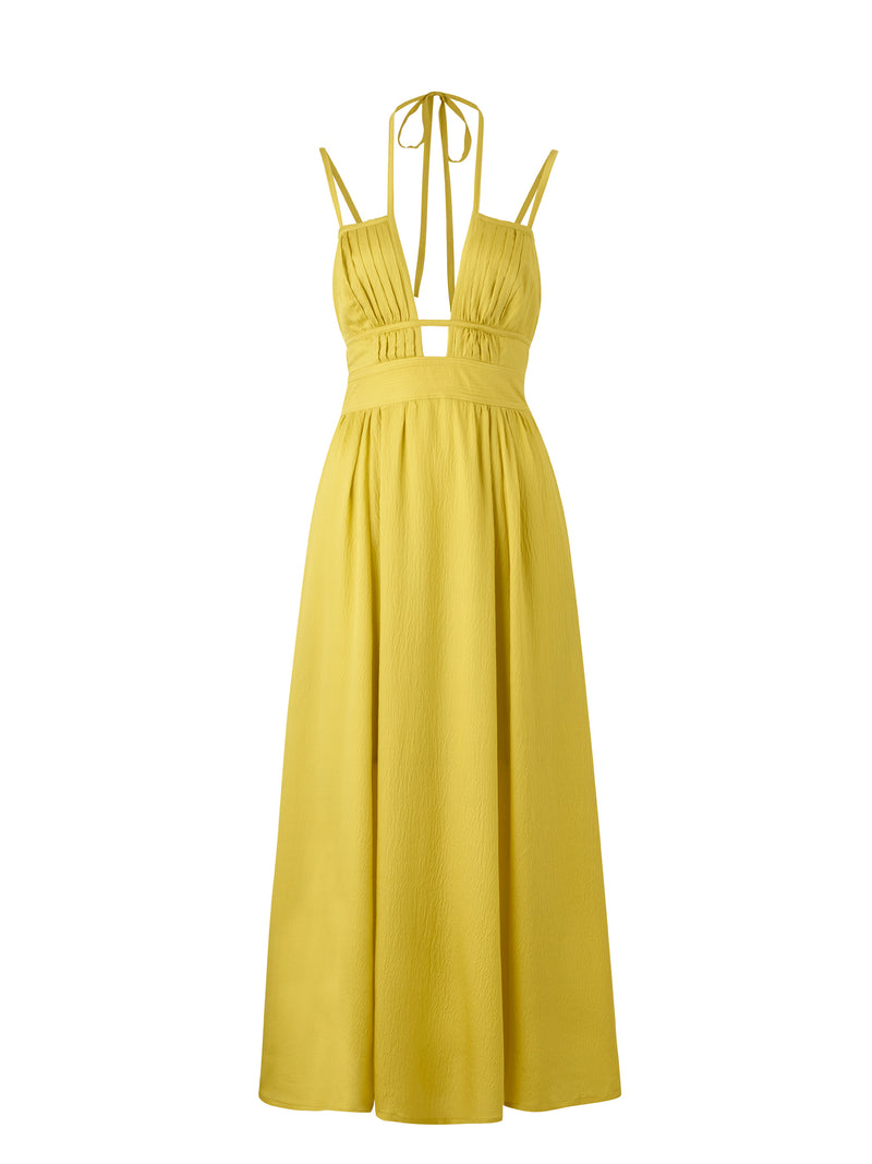 Wiggy Kit | The August Dress | Product image of maxi occasion dress in yellow silk on white background