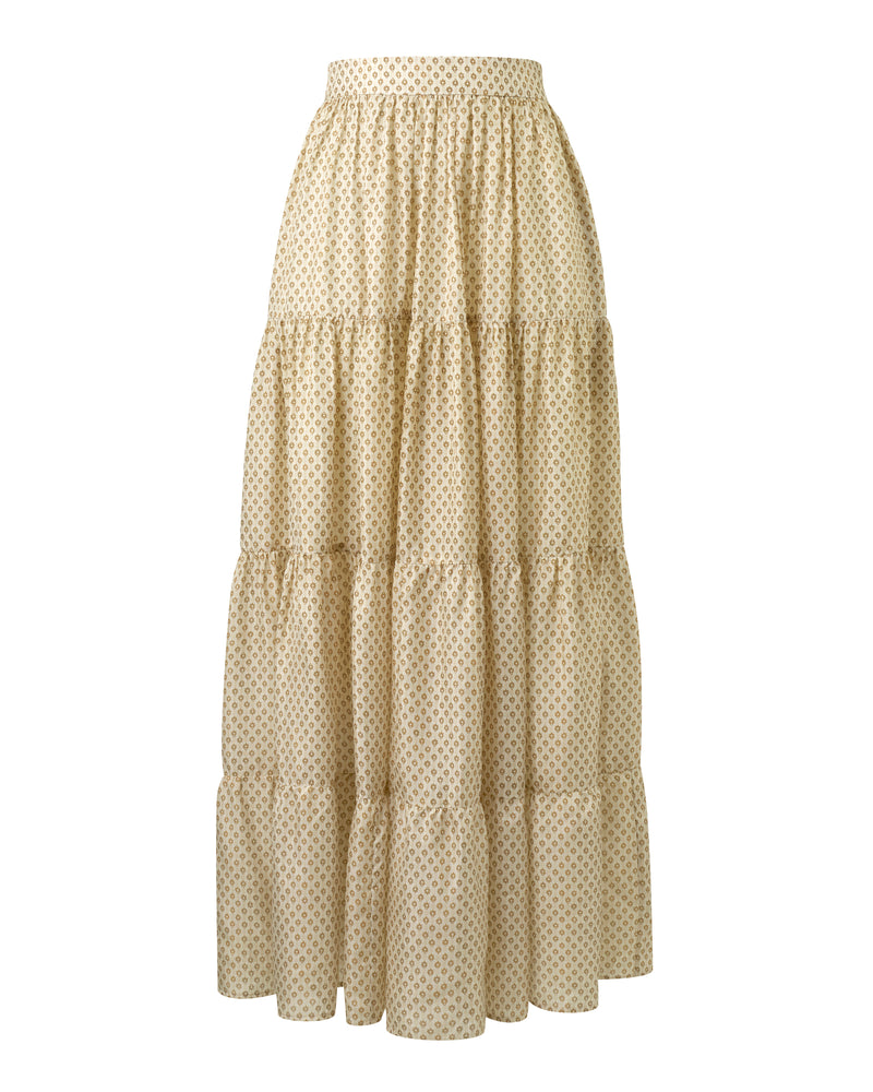 Wiggy Kit | Paros Skirt (Gold Foulard) | Product image of golden patterned maxi skirt