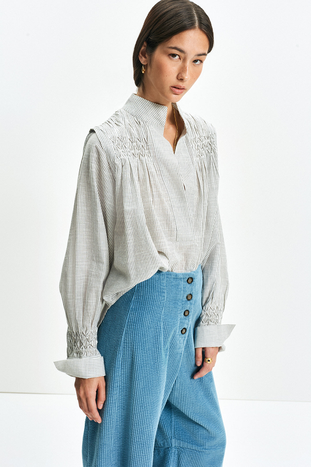 Smocked Shirt (Grey Stripe)