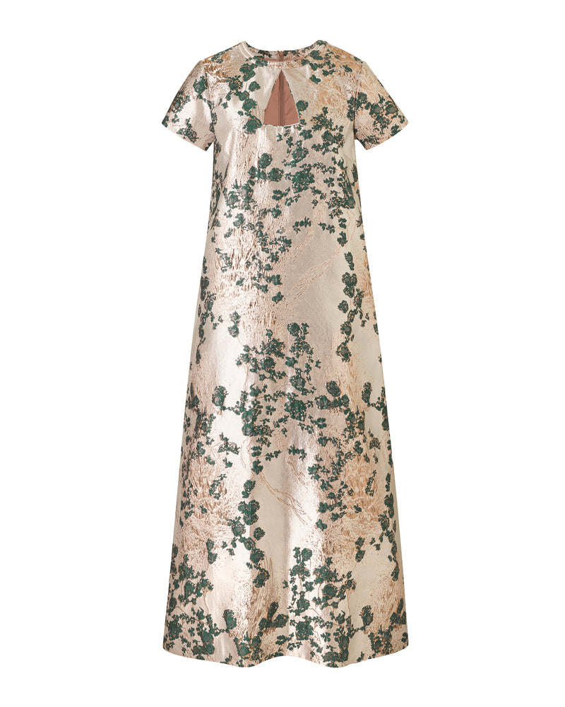 Wiggy Kit | Sputnik Dress | Product Image of Long Silver Dress with Floral Inspired Detailing