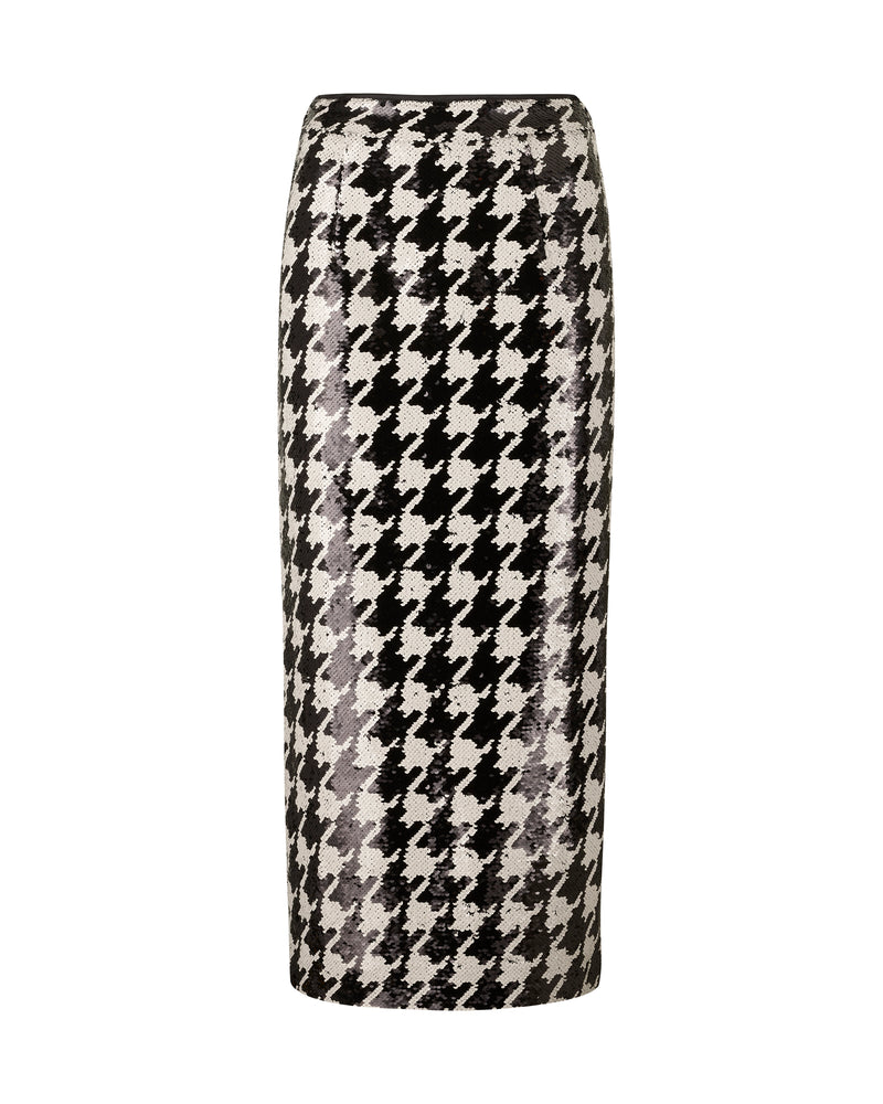 Wiggy Kit | Eva Skirt- Houndstooth Sequin | Product Image Wearing Black and White Skirt