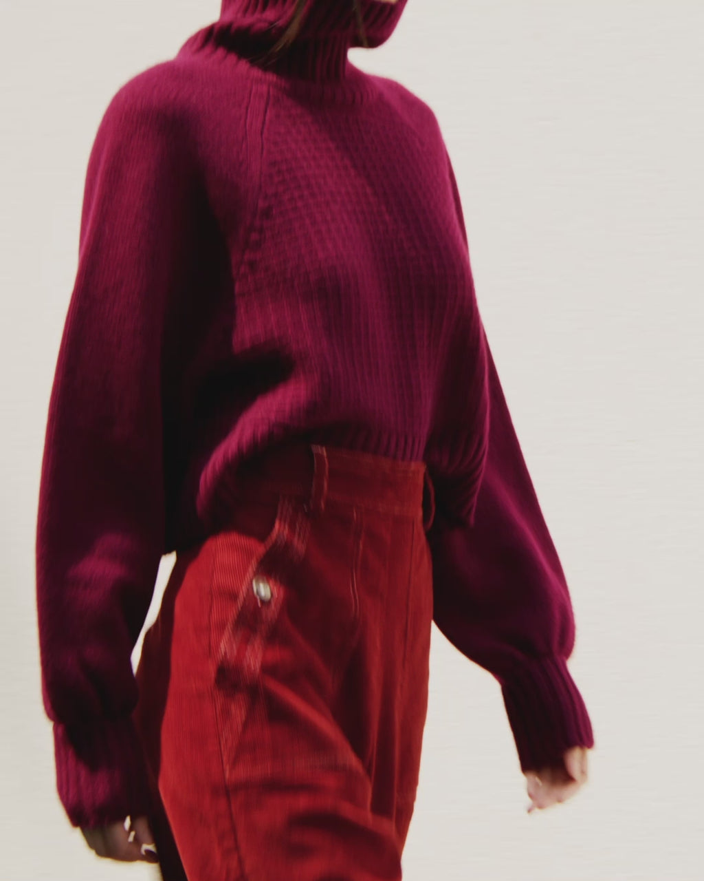 Wiggy Kit | The Cord Jean in Red | Video of Model Wearing The Corn Jean in Red with Yellow Jumper