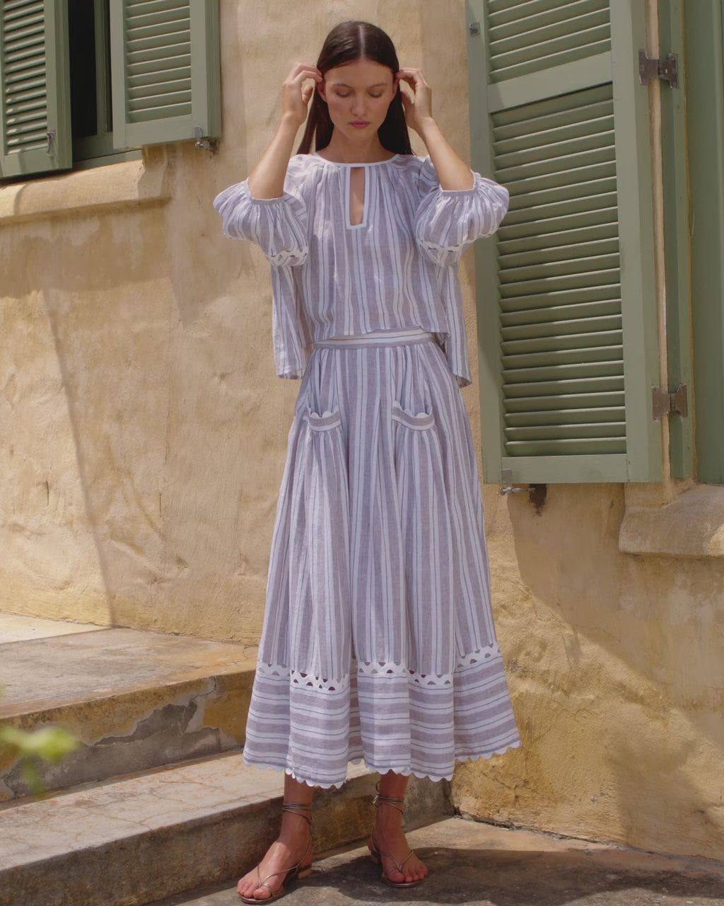 Wiggy Kit | Gaucho Skirt (Brown Stripe) | Model wearing brown and white striped maxi skirt