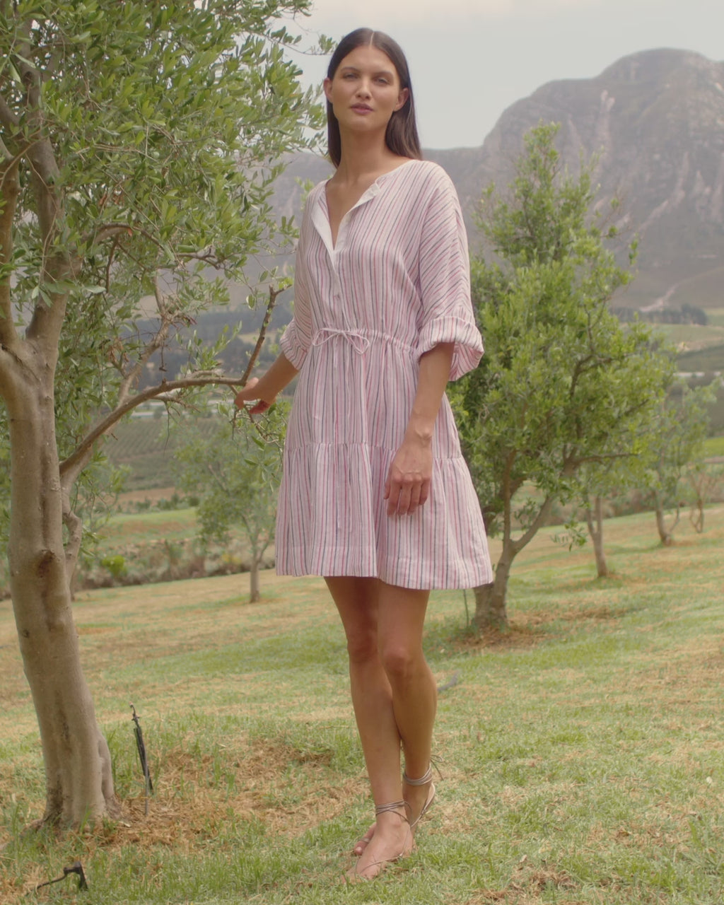Wiggy Kit | Drawstring Dress (Pink Stripe) | Model wearing pink stripe dress