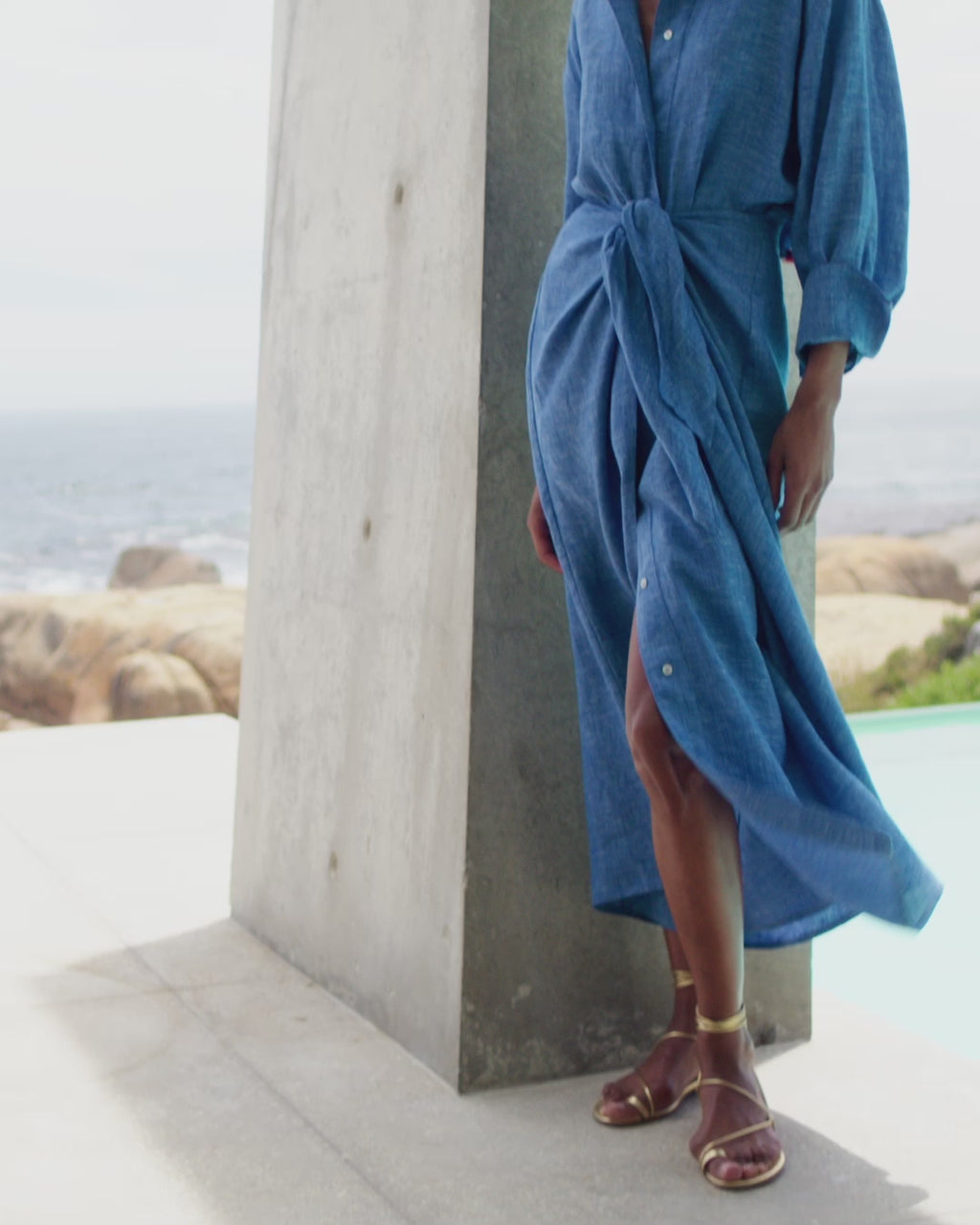 Wiggy Kit | Sarong Shirt Dress | Video of model wearing long blue shirt dress