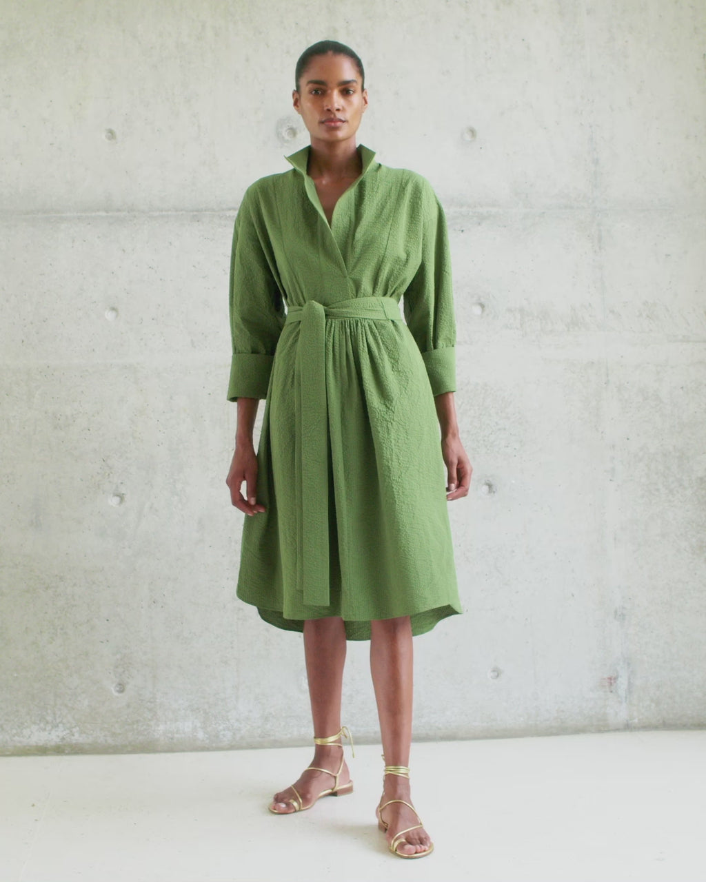 Wiggy Kit | Topper Shirt Dress (Green Seersucker) | Video of model wearing midi green shirt dress