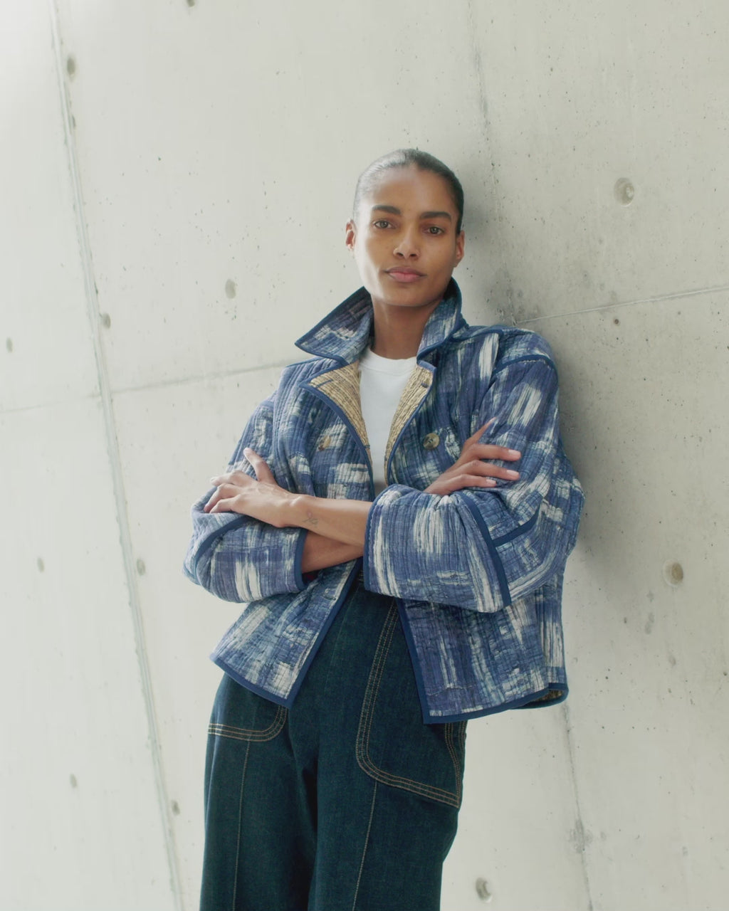 Wiggy Kit | Quilted Double-Breasted Jacket | Video of model wearing reversible blue and white patterned jacket