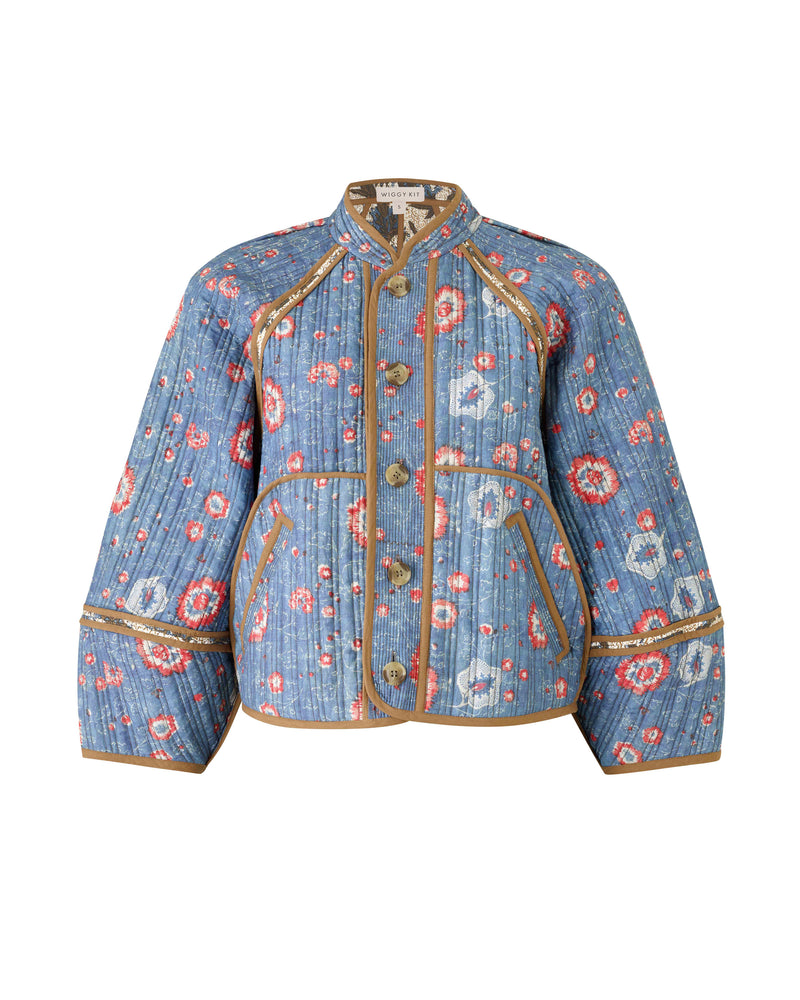 Wiggy Kit | Reversible Quilt Jacket | Product Image, Blue Floral Print with White Background 