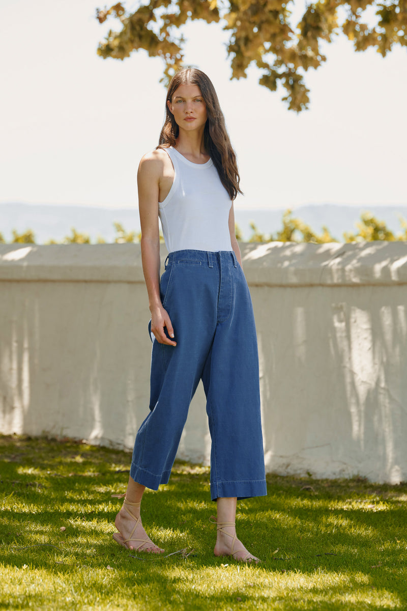 Wiggy Kit | Chore Pants in Blue | Lifestyle Image, Front of Trousers