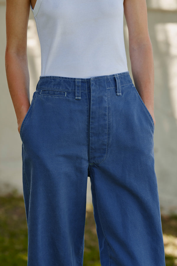 Wiggy Kit | Chore Pants in Blue | Lifestyle Image, Close Up of Trousers
