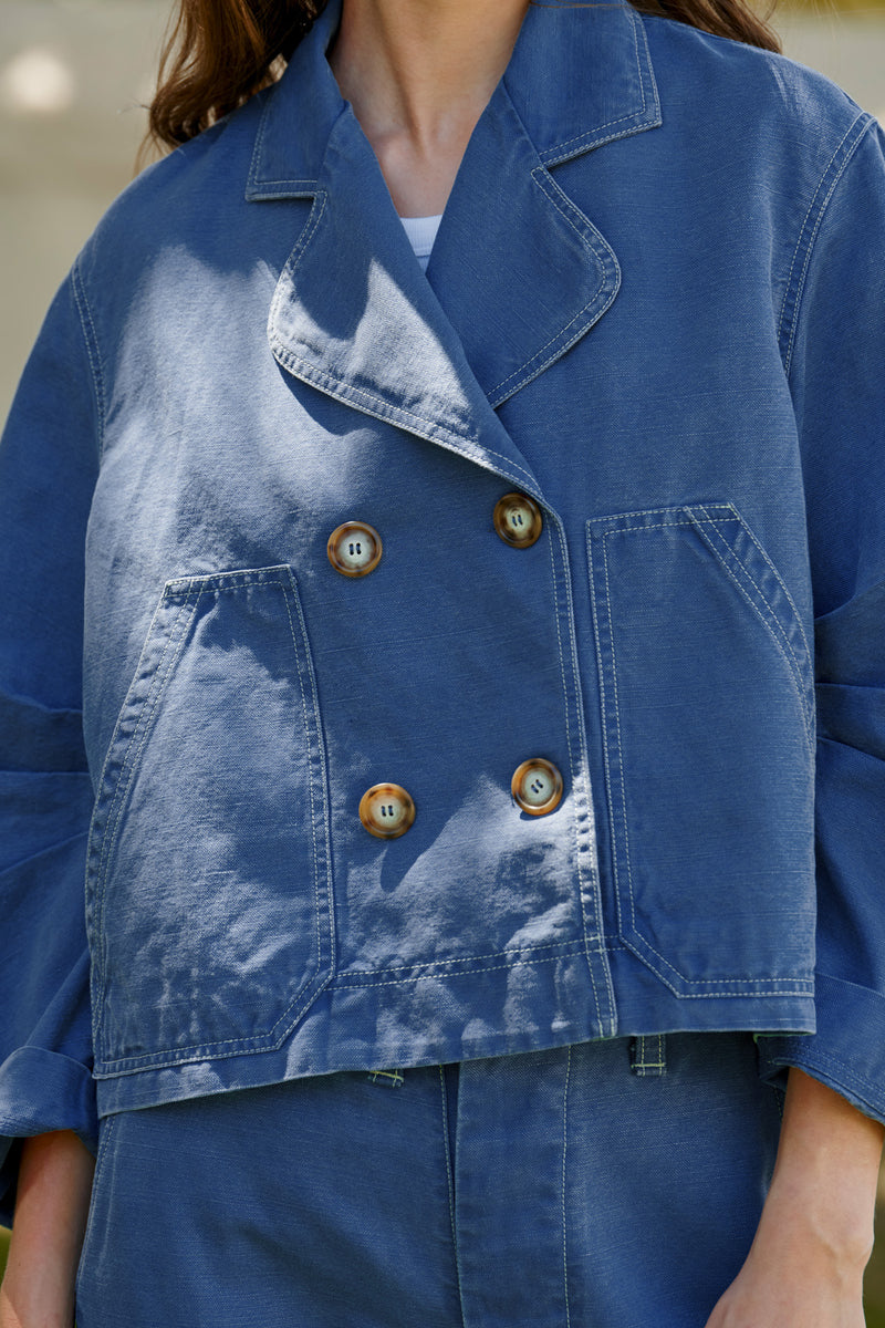 Wiggy Kit | Chore Jacket in Blue | Lifestyle Image, Close Up of Jacket