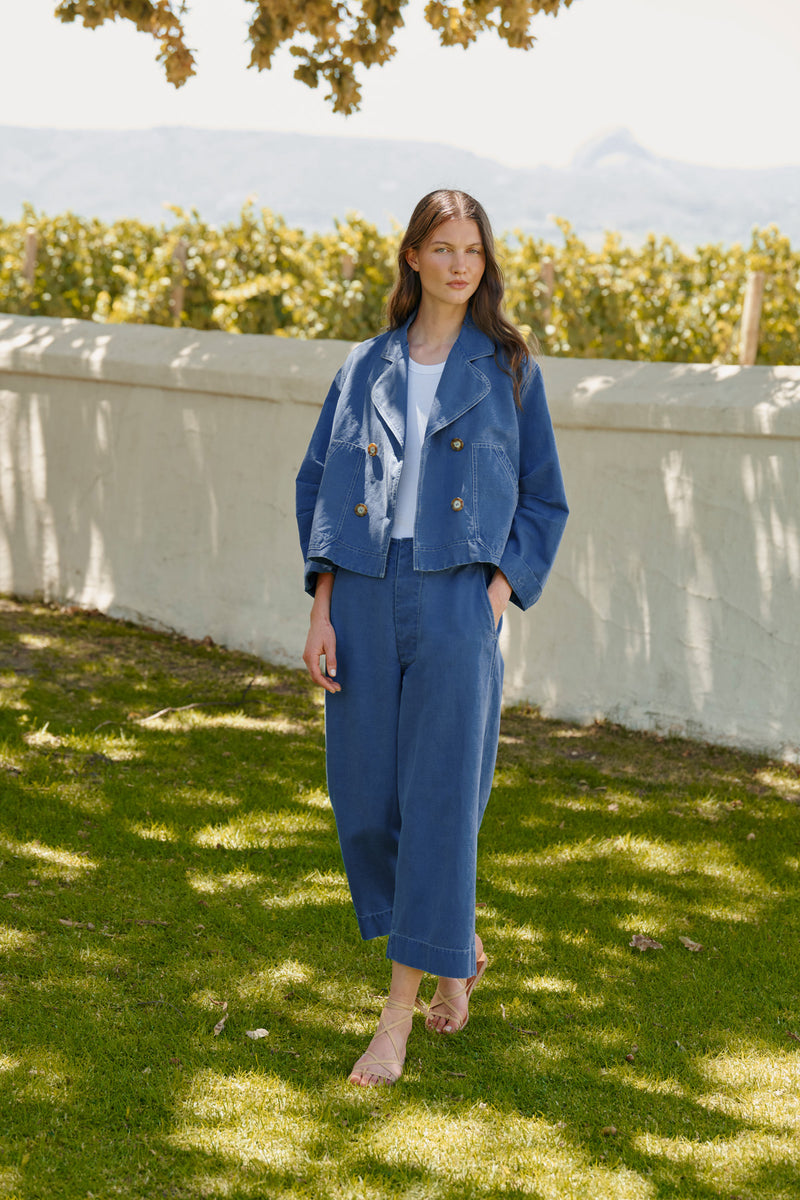 Wiggy Kit | Chore Jacket in Blue | Lifestyle Image, Front of Jacket