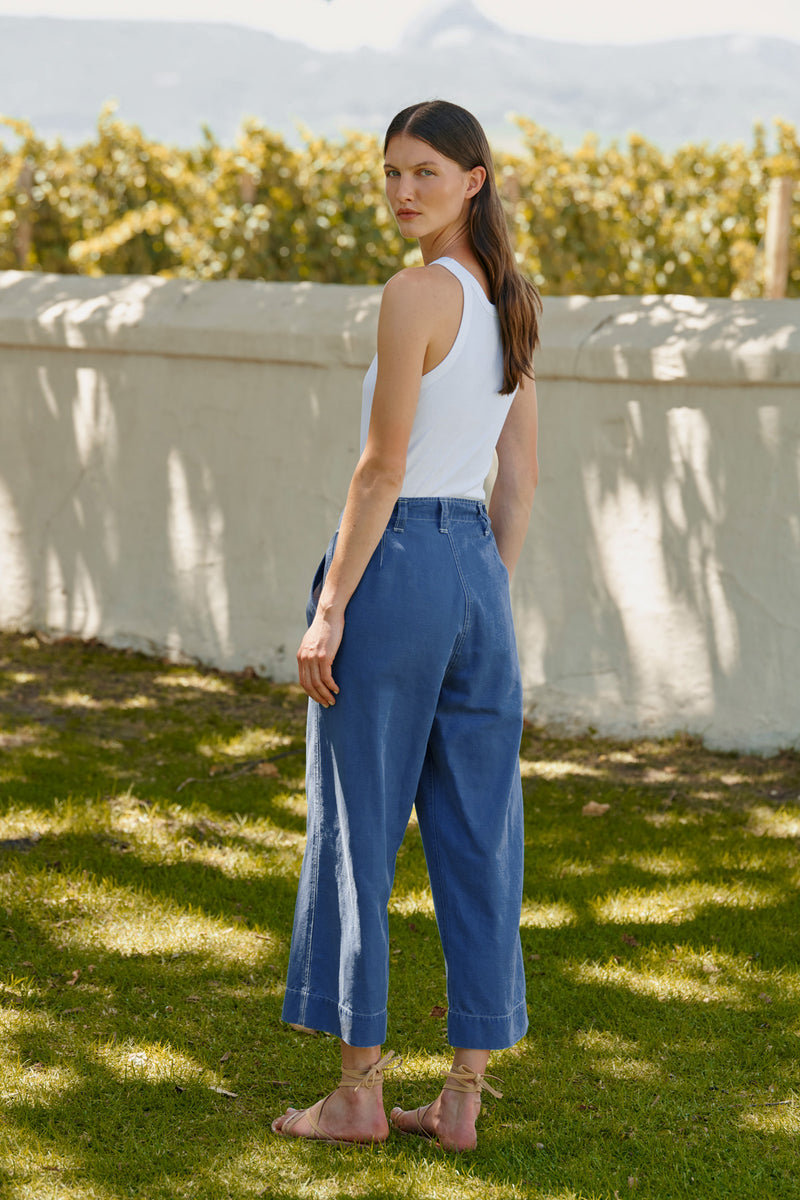 Wiggy Kit | Chore Pants in Blue | Lifestyle Image, Back of Trousers