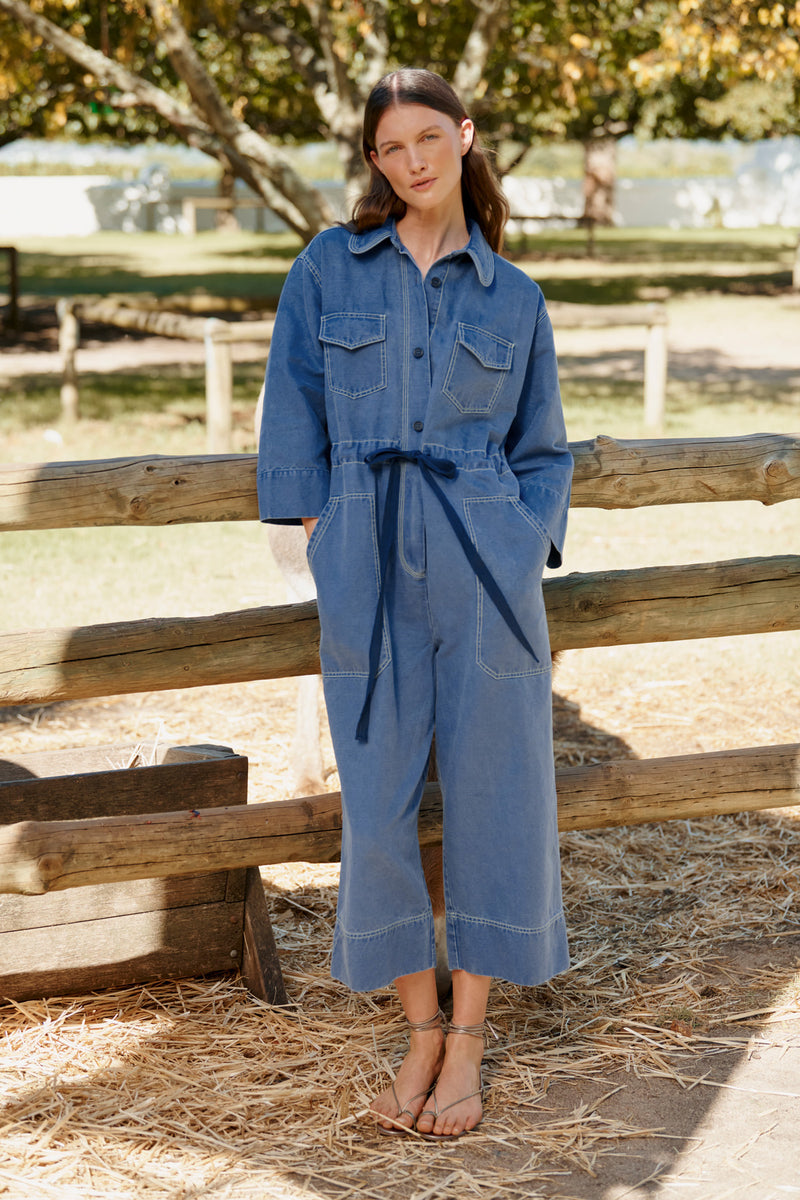 Wiggy Kit | Chore Boilersuit in Blue | Lifestyle Image, Front of Boilersuit
