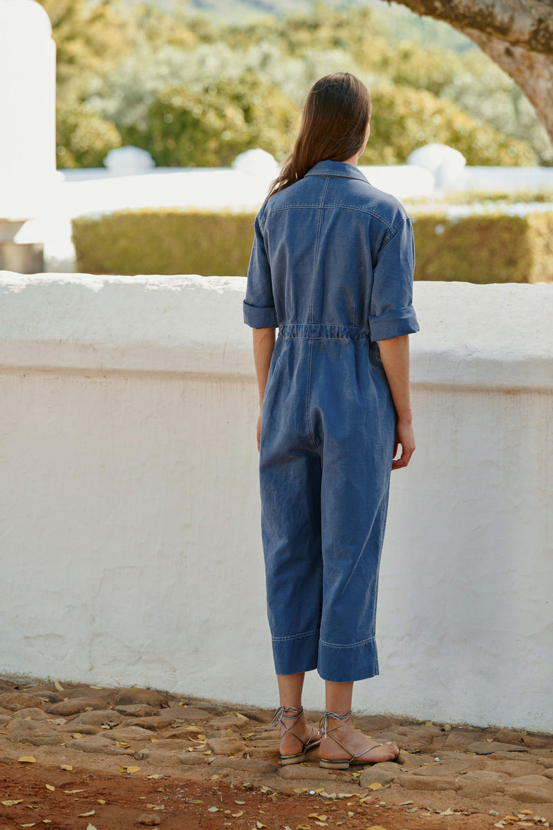 Wiggy Kit | Chore Boilersuit in Blue | Lifestyle Image, Back of Boilersuit