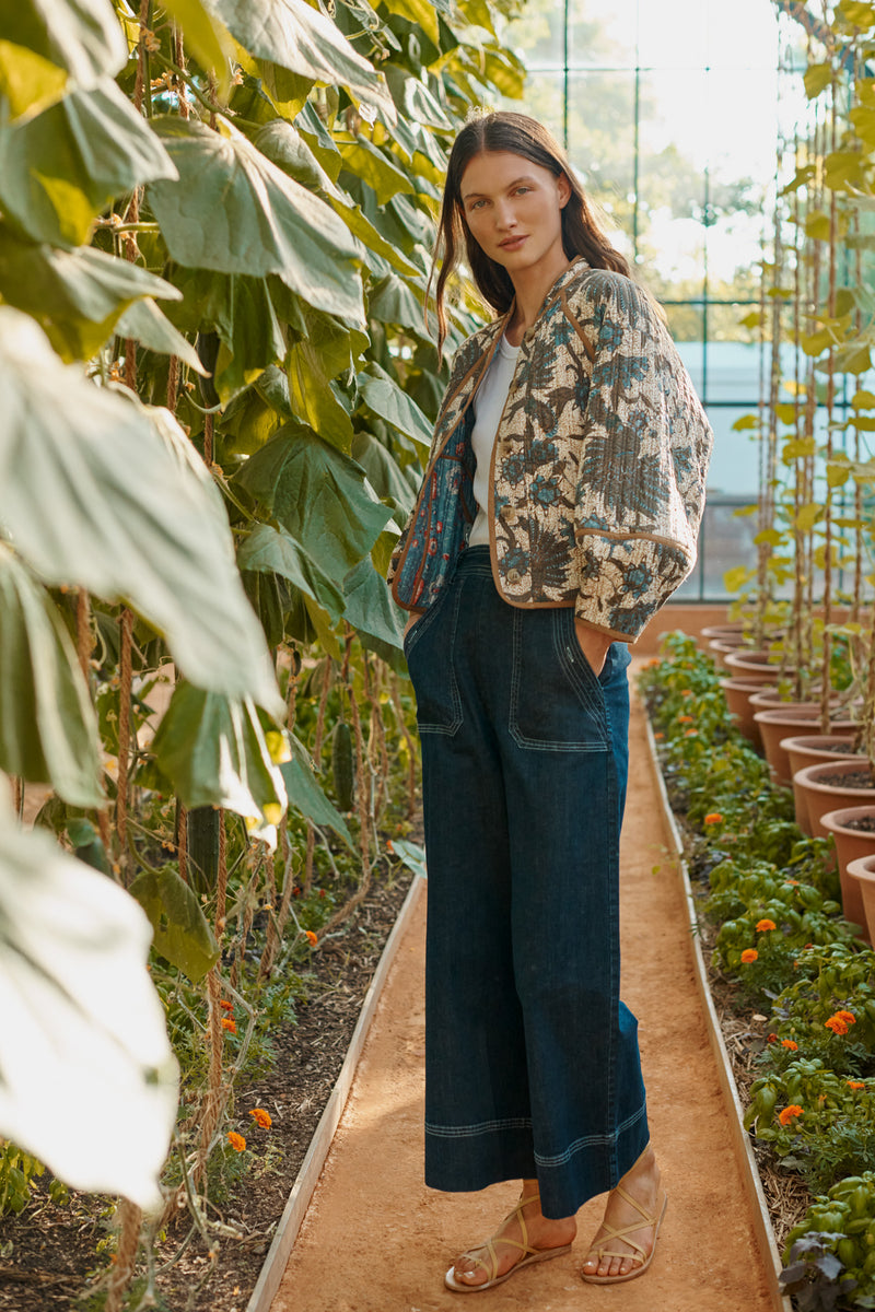 Wiggy Kit | Reversible Quilt Jacket | Lifestyle Image, Front of Jacket with Jeans
