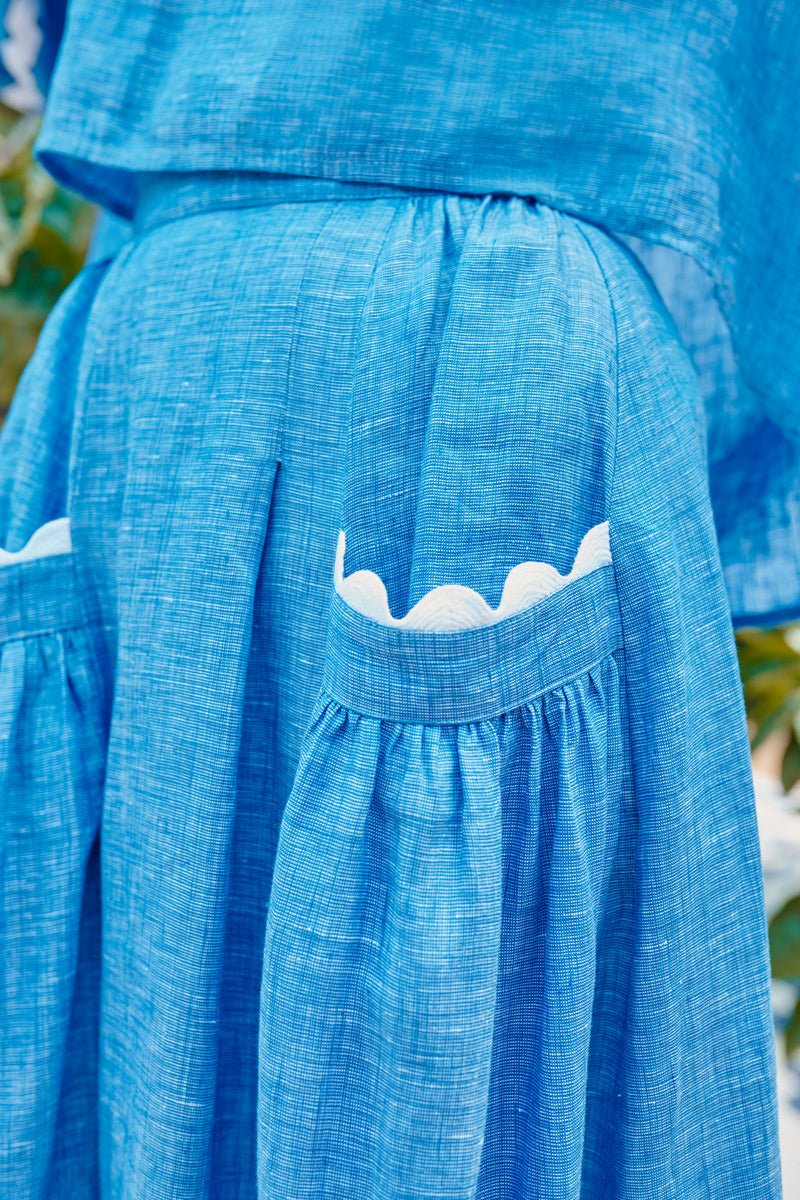 Wiggy Kit | Gaucho Skirt in Blue Linen | Lifestyle Image, Close Up of Skirt