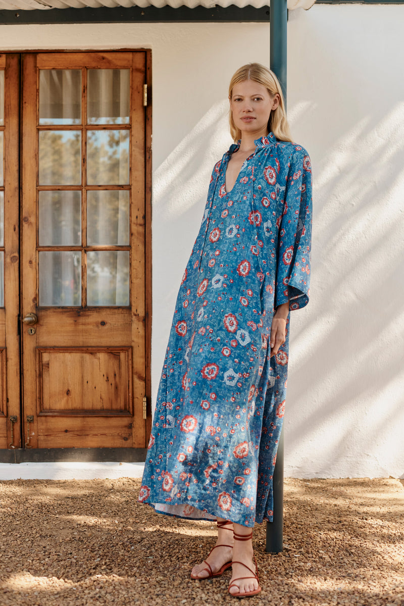 Wiggy Kit | Keeper Dress in Blue Floral Print | Lifestyle Image, Front of Dress