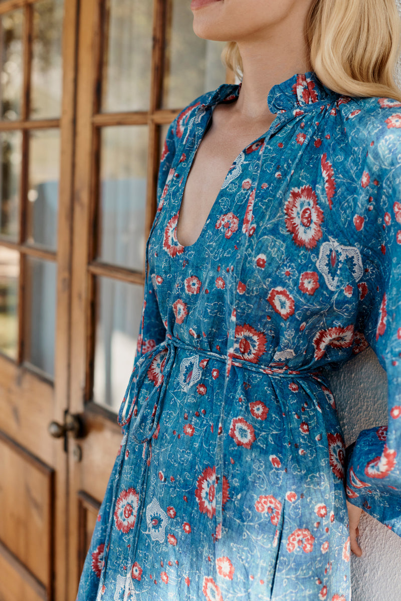 Wiggy Kit | Keeper Dress in Blue Floral Print | Lifestyle Image, Close Up of Front of Dress