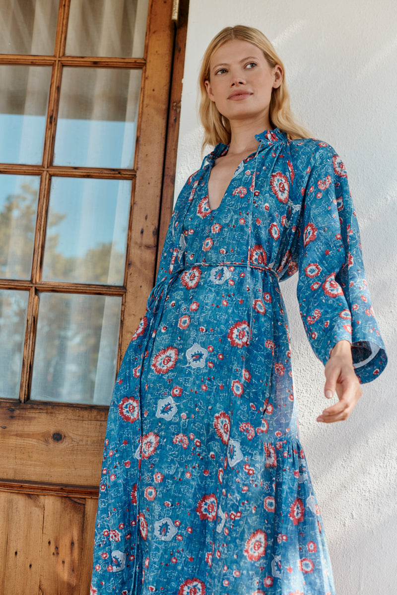 Wiggy Kit | Keeper Dress in Blue Floral Print | Lifestyle Image, Close Up of Front of Dress