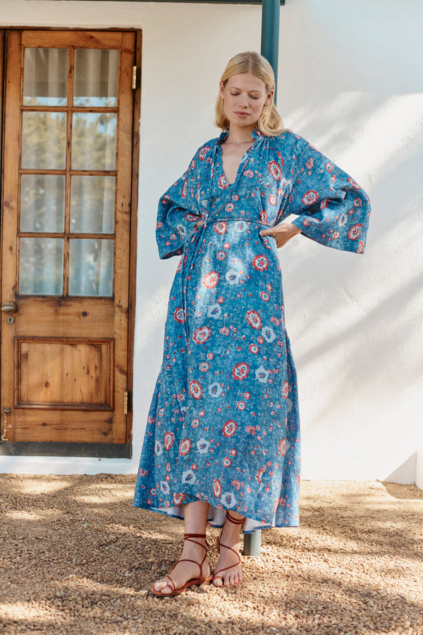 Wiggy Kit | Keeper Dress in Blue Floral Print | Lifestyle Image, Front of Dress