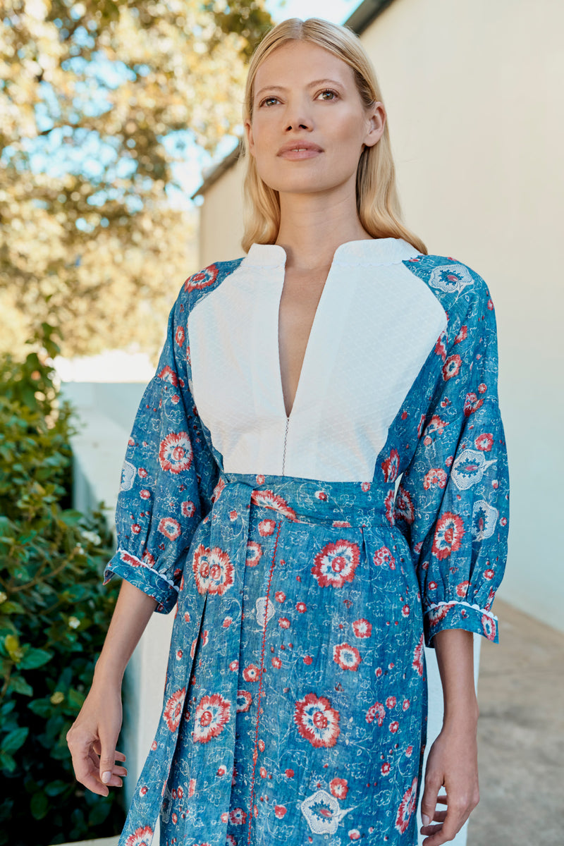 Wiggy Kit | Market Dress in Blue Floral Print | Lifestyle Image, Close Up of Dress