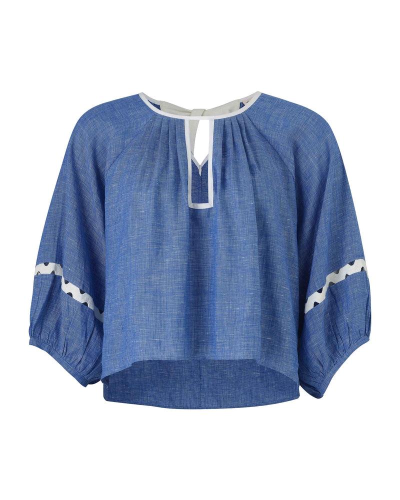 Wiggy Kit | Gaucho Top in Blue Linen | Product Image, White Background