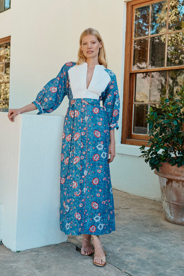 Wiggy Kit | Market Dress in Blue Floral Print | Lifestyle Image, Front of Dress